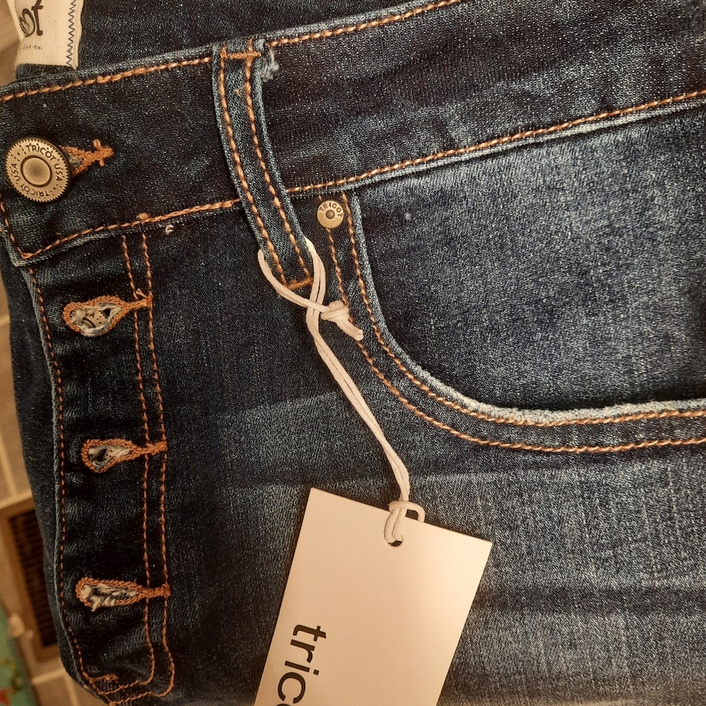 Tricot medium wash button fly skinny jeans